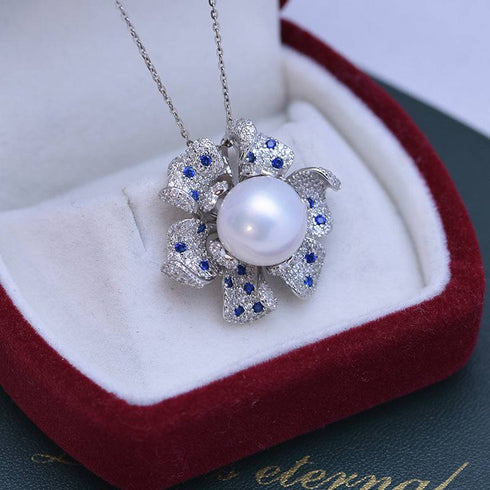 11-12mm Freshwater Pearl &  Full CZ Blue Gem Necklace - House Of Pearls
